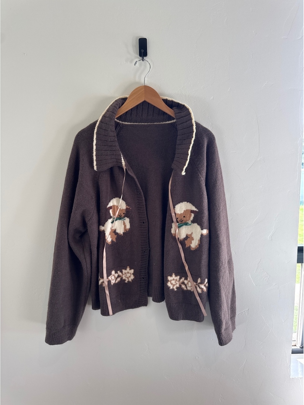 Cider Countryside Sheep Bow Tie Knit Cardigan Brown 3XL Cottagecore